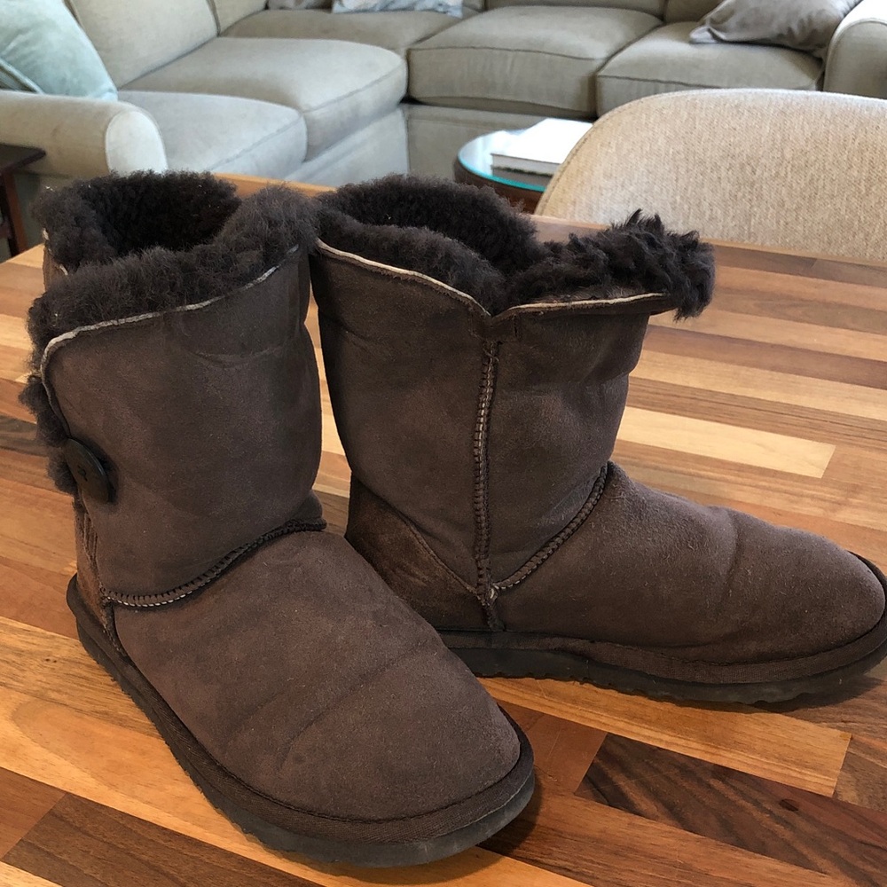UGG Button Side Suede/Sheepskin Boots in Dark Brown